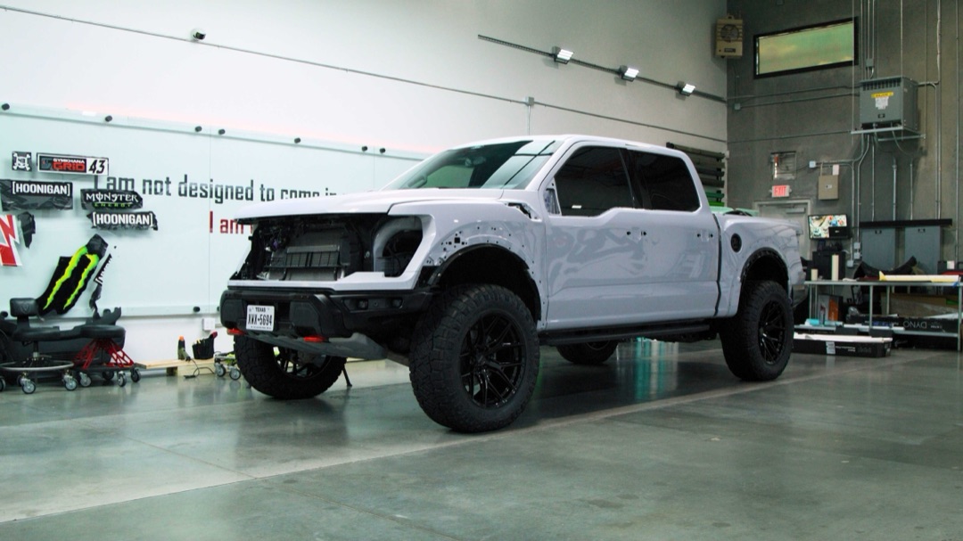 Wrapped F-150 in the Red Box Restoration bay, Austin TX